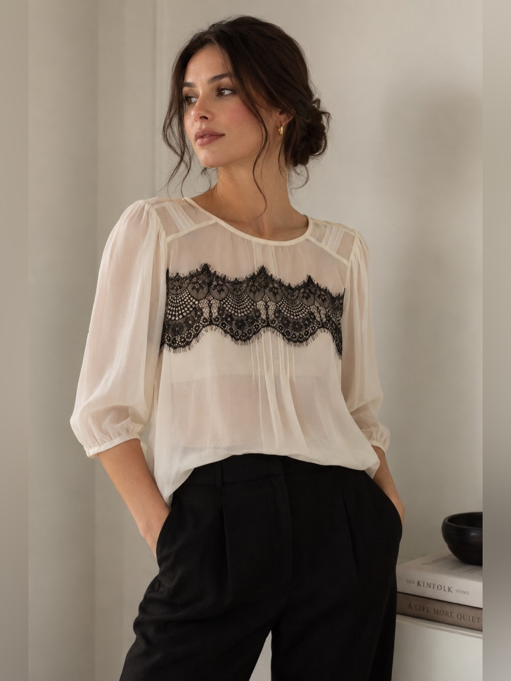 Dorothy Perkins Ivory Sheer Blouse Black Lace Panel UK 12 / EU 40